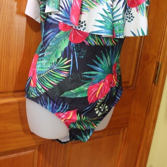 Color sun Tropical Print One Piece Ruffle Swimsuit LG - Picture 6 of 12